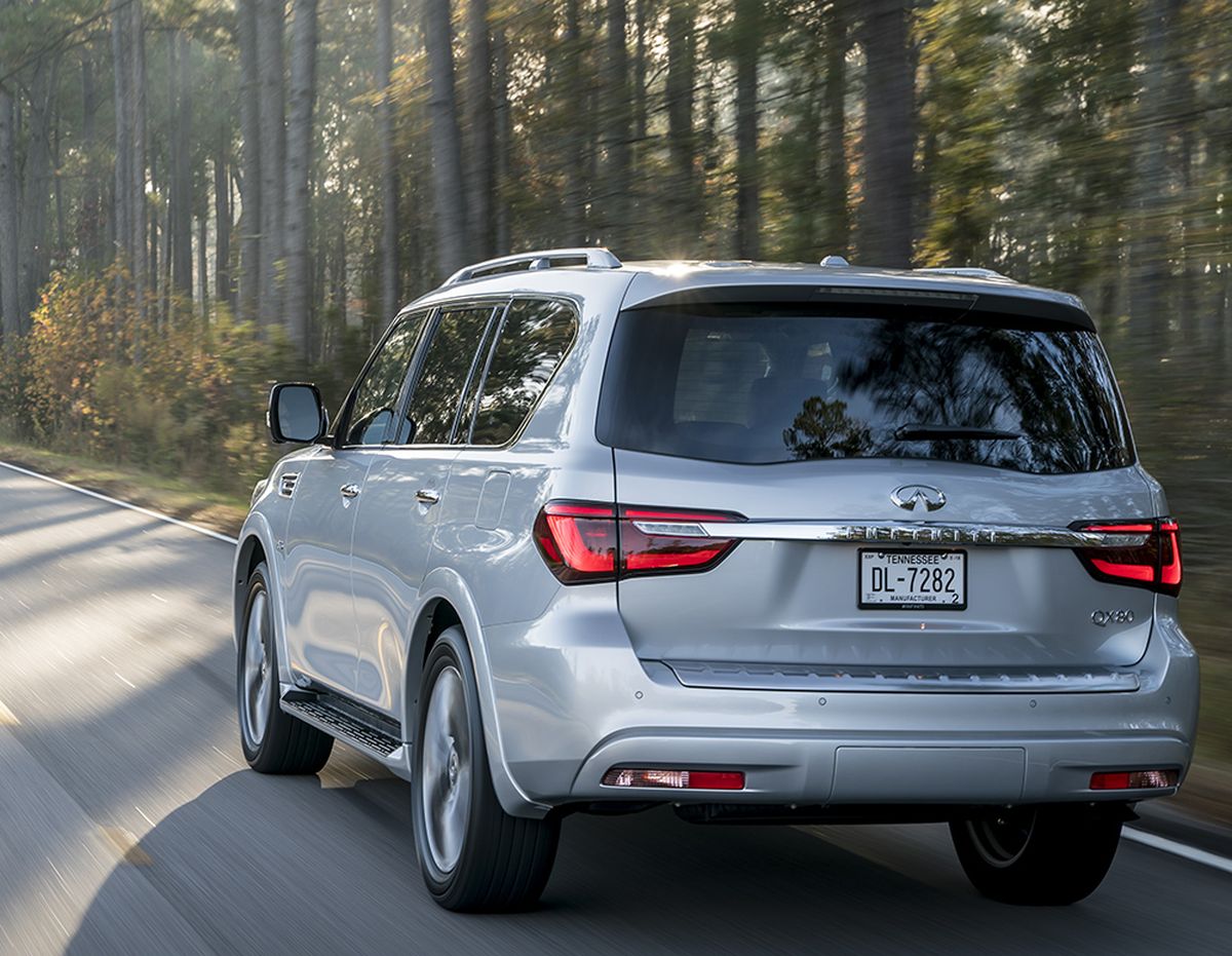 The eight-passenger SUV weighs in at a full-size 6000 pounds. Its 5.6-liter V-8 makes 400 horsepower and 413 pound-feet of torque and is mated to a sturdy and smooth-shifting seven-speed automatic transmission. (Infiniti)