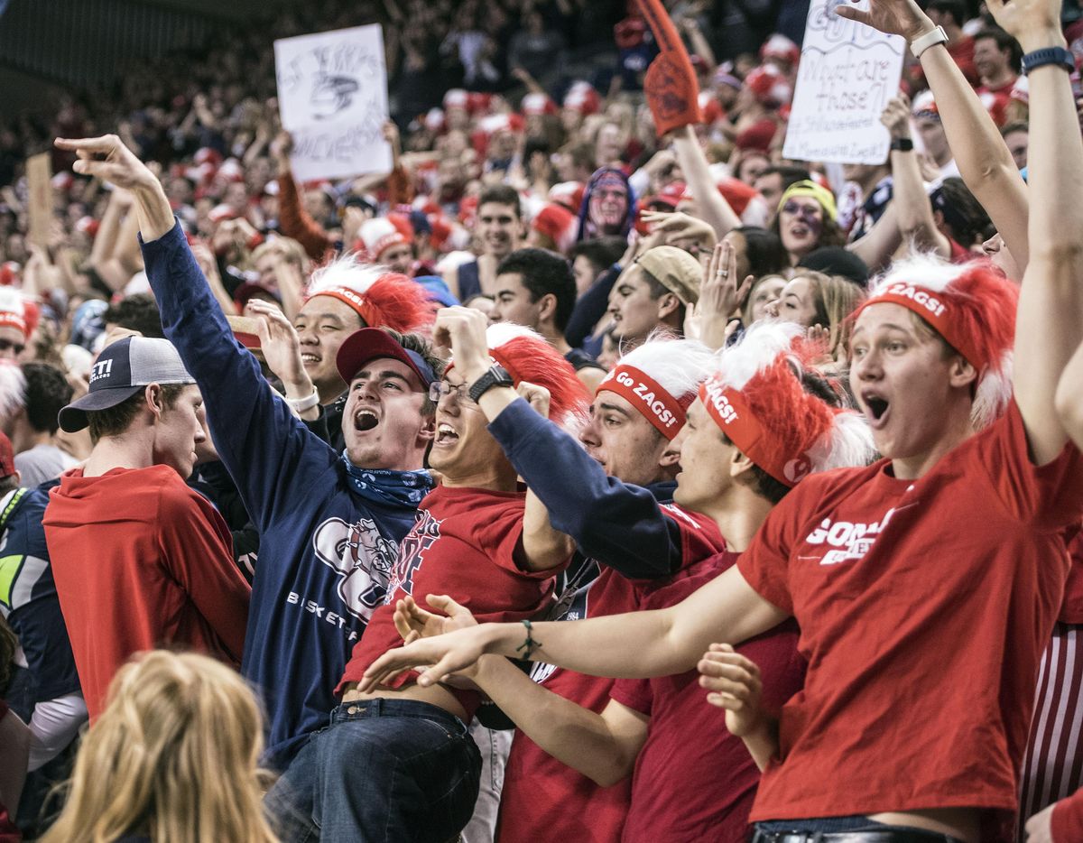 The Gonzaga Kennel Club goes wild after a dunk by Johnathan Williams, Saint Marys Jan. 14, 2017, in the McCarthey Athletic Center. (Dan Pelle / The Spokesman-Review)