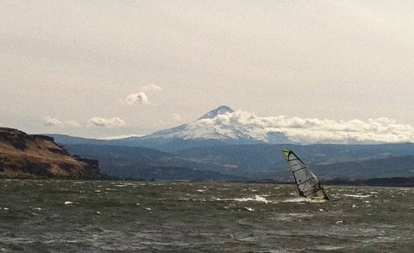 Betsy Russell windsurfing in the Columbia River Gorge near The Dalles, Ore. (Charlie Russell)