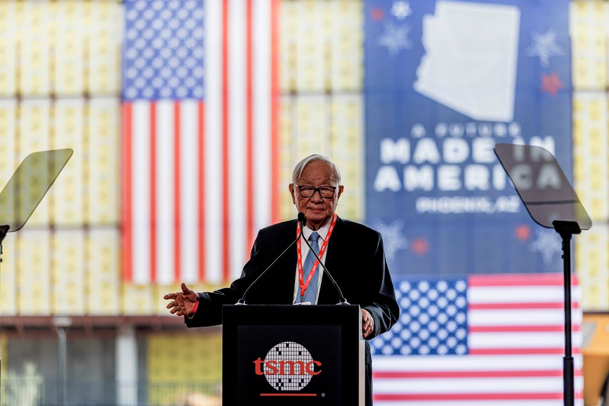 FILE – Morris Chang, founder of Taiwan Semiconductor Manufacturing Company, at the company’s building site in Phoenix, Dec. 6, 2022. Amid a tech cold war with China, U.S. companies have pledged nearly $200 billion for chip manufacturing projects since early 2020. But the investments are not a silver bullet. (Adriana Zehbrauskas/The New York Times)  (ADRIANA ZEHBRAUSKAS)