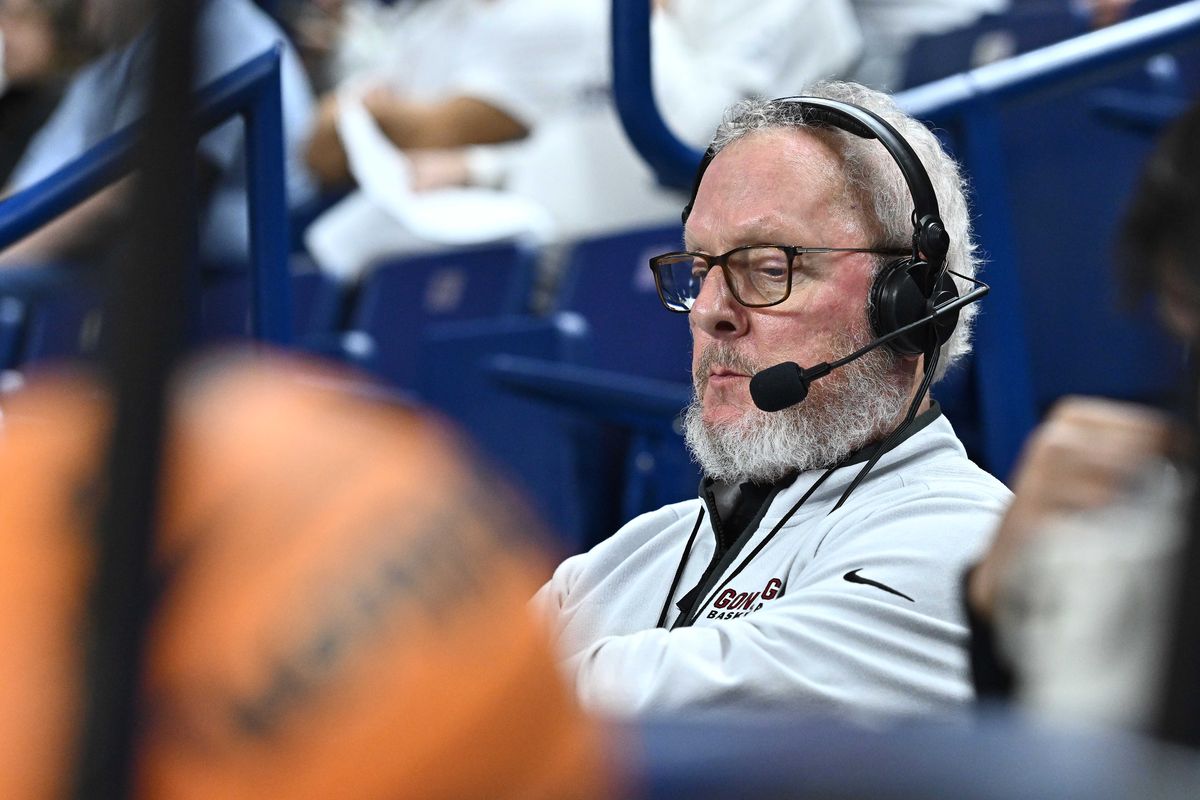 Gonzaga radio broadcaster Steve Myklebust looks on during a WCC women’s basketball game against Oregon State on Thursday at McCarthey Athletic Center. (James Snook)