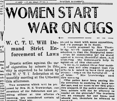 The local Woman’s Christian Temperance Union chapter was planning to confront the Spokane police chief and demand that the law against minors smoking cigarettes be “rigidly enforced.” (Spokane Daily Chronicle archives)