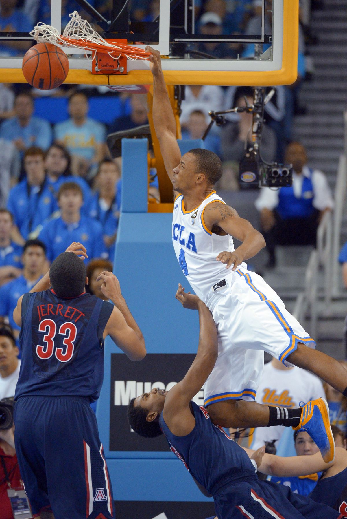 UCLA guard Norman Powell emphatically scored his only two points of game in Bruins’ win. (Associated Press)