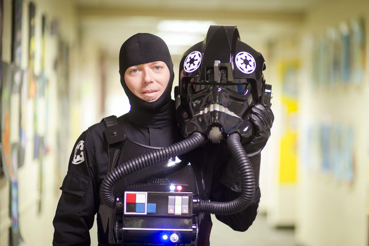 Dave Turner, a music teacher at Farwell Elementary School, moonlights as a Star Wars TIE fighter pilot character. COLIN MULVANY colinm@spokesman.com (Colin Mulvany)