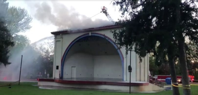 The historic Gene Harris Bandshell in Boise's Julia Davis Park caught fire on Monday and was seriously damaged; Boise fire officials say the blaze was human-caused. (Idaho Statesman / Screenshot/Dana Oland)