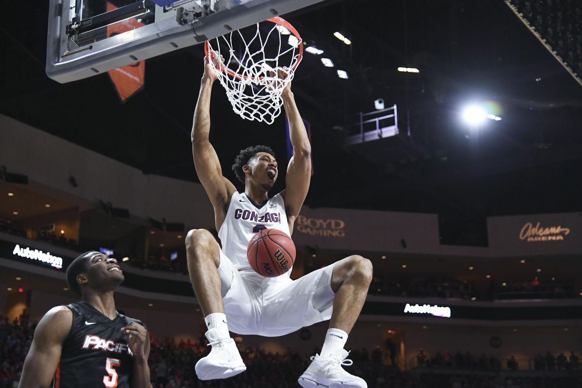 Gonzaga forward Johnathan Williams dunks over Pacific forward Anthony Townes in a WCC Tournament game, Sat., March 4, 2017, at Orleans Arena in Las Vegas. (Dan Pelle / The Spokesman-Review)
