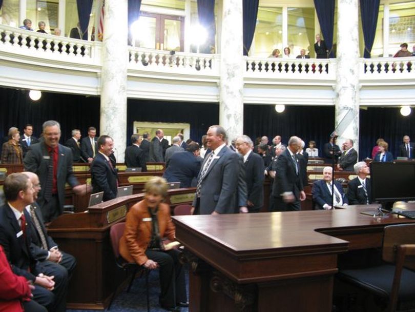 Senators file into the Idaho House chamber for a joint session, for the governor's State of the State address. (Betsy Russell)