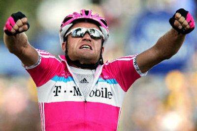
Matthias Kessler of Germany, of the T-Mobile team, reacts as he crosses the finish line to win the third stage.
 (Associated Press / The Spokesman-Review)