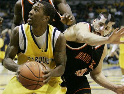 
Marquette's Jerel McNeal drives to the basket past Idaho State's Logan Kinghorn on Monday. 
 (Associated Press / The Spokesman-Review)