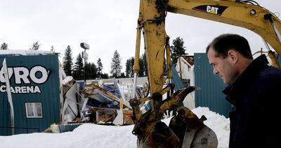 Vince Hughes of KYRO Ice Arena looks at the  building on Wednesday.  He talked about  damage from last month’s roof collapse.  (Kathy Plonka / The Spokesman-Review)