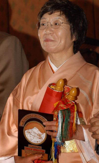 FILE - In this Oct. 31, 2005 file photo, Japanese mountaineer Junko Tabei looks on during a felicitation ceremony in Katmandu, Nepal.  Tabei died Thursday, Oct. 20, 2016,  of cancer at a hospital outside of Tokyo, according to Japanese media reports. She was 77.  Tabei reached the summit of the world's highest mountain in 1975. In 1992, she also became the first woman to complete the 