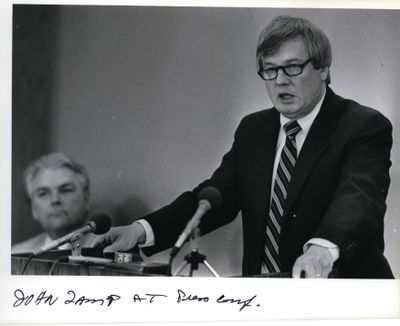 Longtime Eastern Washington public prosecutor John Lamp speaks at a news conference in 1986.  (Cowles Publishing)