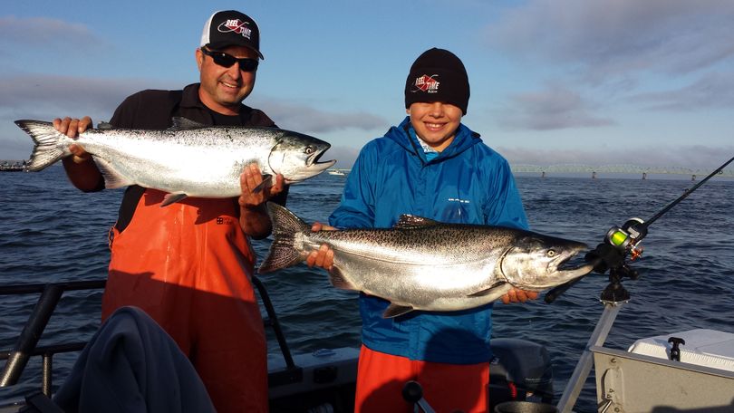 Toby Wyatt, left, of Reel Time Fishing based out of Clarkston, makes camp near the mouth of the Columbia in August to tap the ocean-bright fall chinook in the Buoy 10 fishery. (Reel Time Fishing)