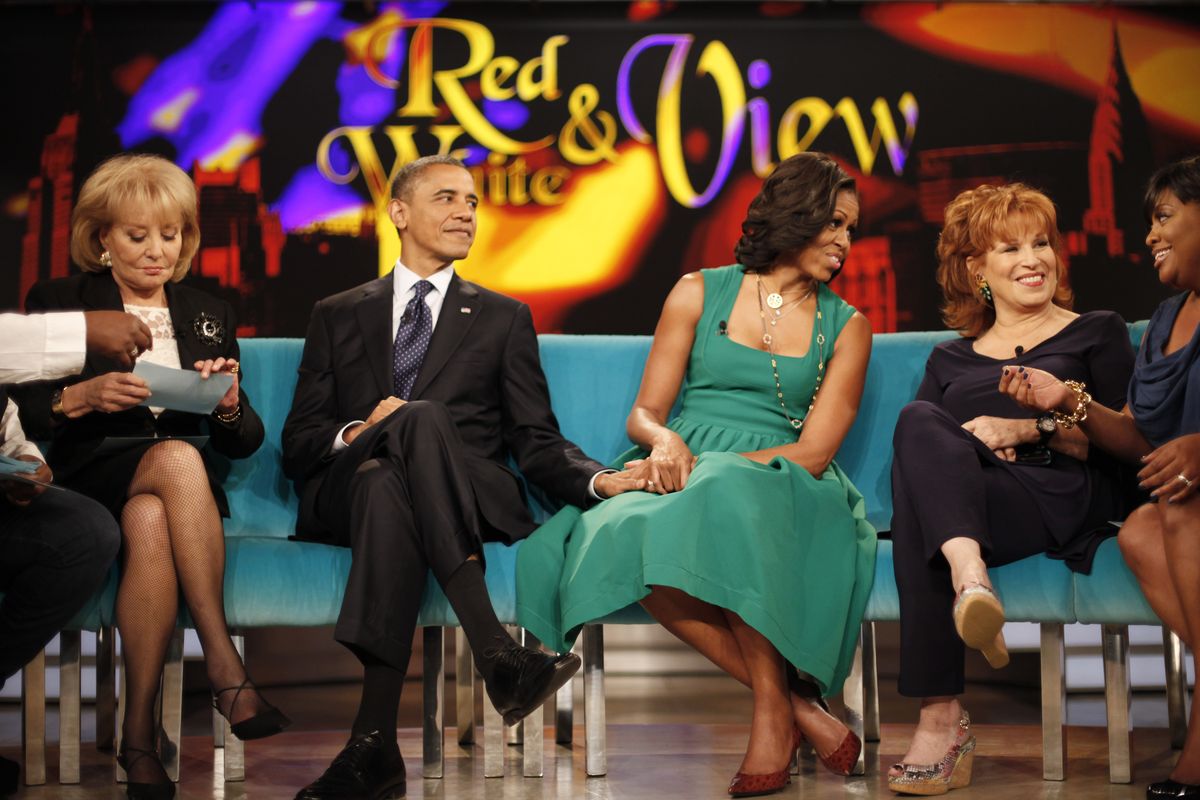 President Barack Obama and first lady Michelle Obama appear on the ABC Television show �The View� in New York, Monday, Sept. 24, 2012, From left are, Barbara Walters, president and first lady, Joy Behar, and Sherri Shepherd. (Pablo Monsivais / Associated Press)