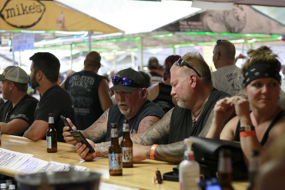 People congregates at One-Eyed Jack’s Saloon on Aug. 7 during the 80th annual Sturgis Motorcycle Rally in Sturgis, South Dakota.  (Stephen Groves)