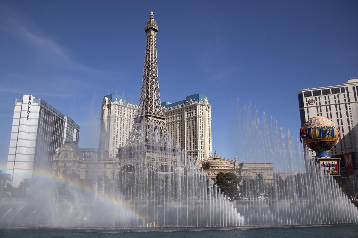 The Bellagio fountain sprays in sync with music during one of its afternoon shows. (Associated Press)