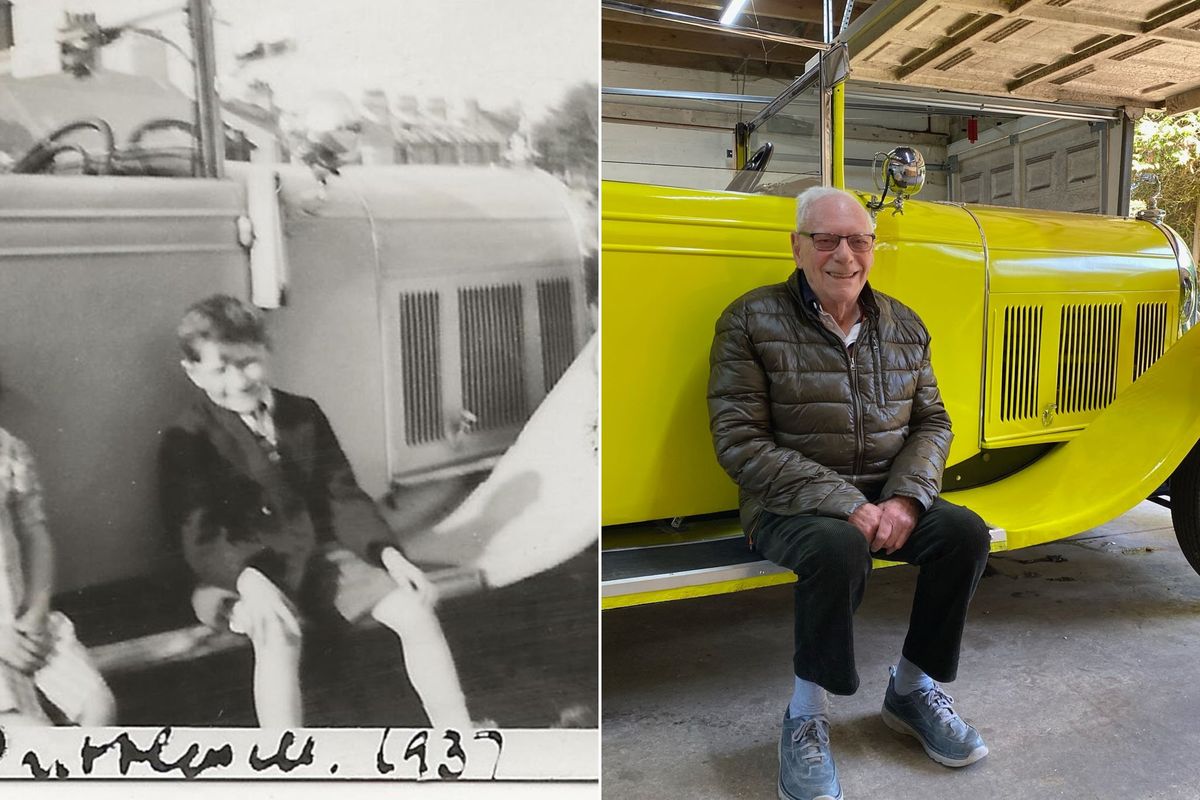 Malcolm Stern, left, sits on his father’s Talbot-Darracq in a 1937 family photo and then recreates the photo 87 years later after finding the car at an auction.  (Family photo/Handout)