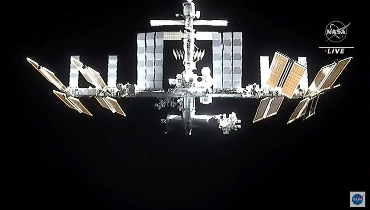 In this image from video provided by NASA, the International Space Station is seen as astronauts in the SpaceX Dragon capsule undock on Monday, Nov. 8, 2021,  (HOGP)