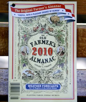 ORG XMIT: MABT102 A Sept. 1, 2009 photo shows a copy of the 2010 edition of The Old Farmer's Almanac in Boston. The venerable almanac's 2010 edition, which goes on sale Tuesday, Sept. 8, 2009, says numbing cold will predominate in the country's midsection, from the Rocky Mountains in the West to the Appalachians in the East. (AP Photo/Bizuayehu Tesfaye) (Bizuayehu Tesfaye / The Spokesman-Review)