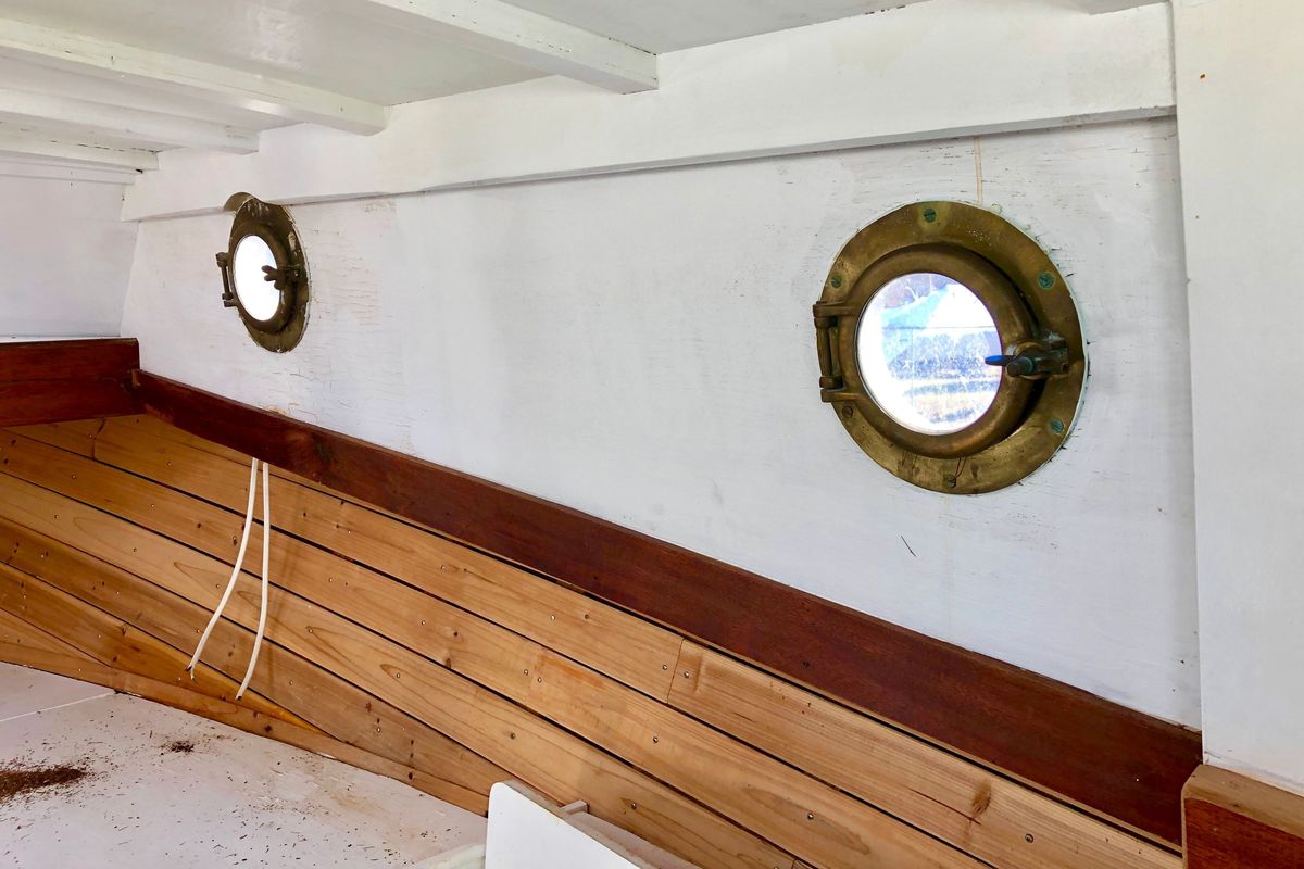This July 20, 2020 photo provided by David Bigelow in Vineyard Haven, Mass. shows part of a boat that is being retrofitted to replicate the boat from the movie Jaws. A group of ocean lovers and movie buffs is building a replica of the boat, the Orca, for use as a conservation tool.  (David Bigelow)