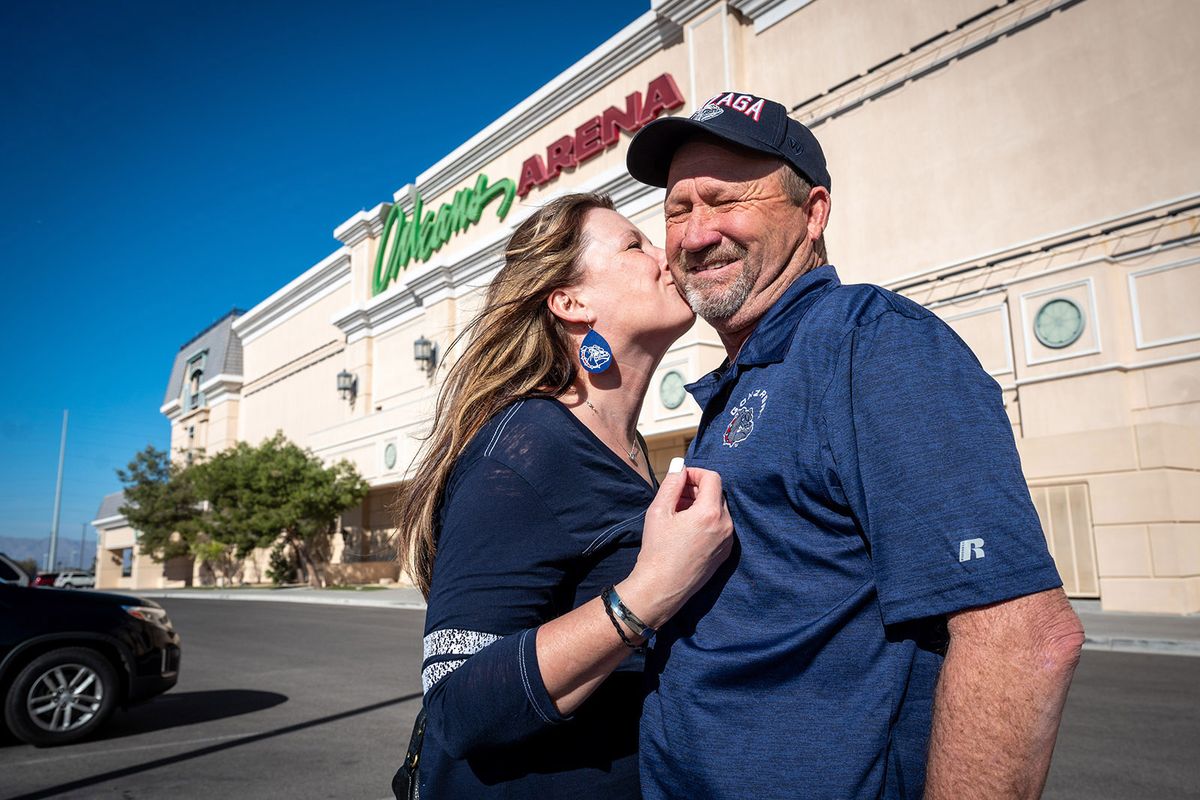 Gonzaga fans Brenda and Jay Jenkins of Clarkston could not attend the this year’s West Coast Conference Tournament in the Orleans Arena, but they did the next best thing – they got married Sunday in Las Vegas.  (COLIN MULVANY/THE SPOKESMAN-REVIEW)
