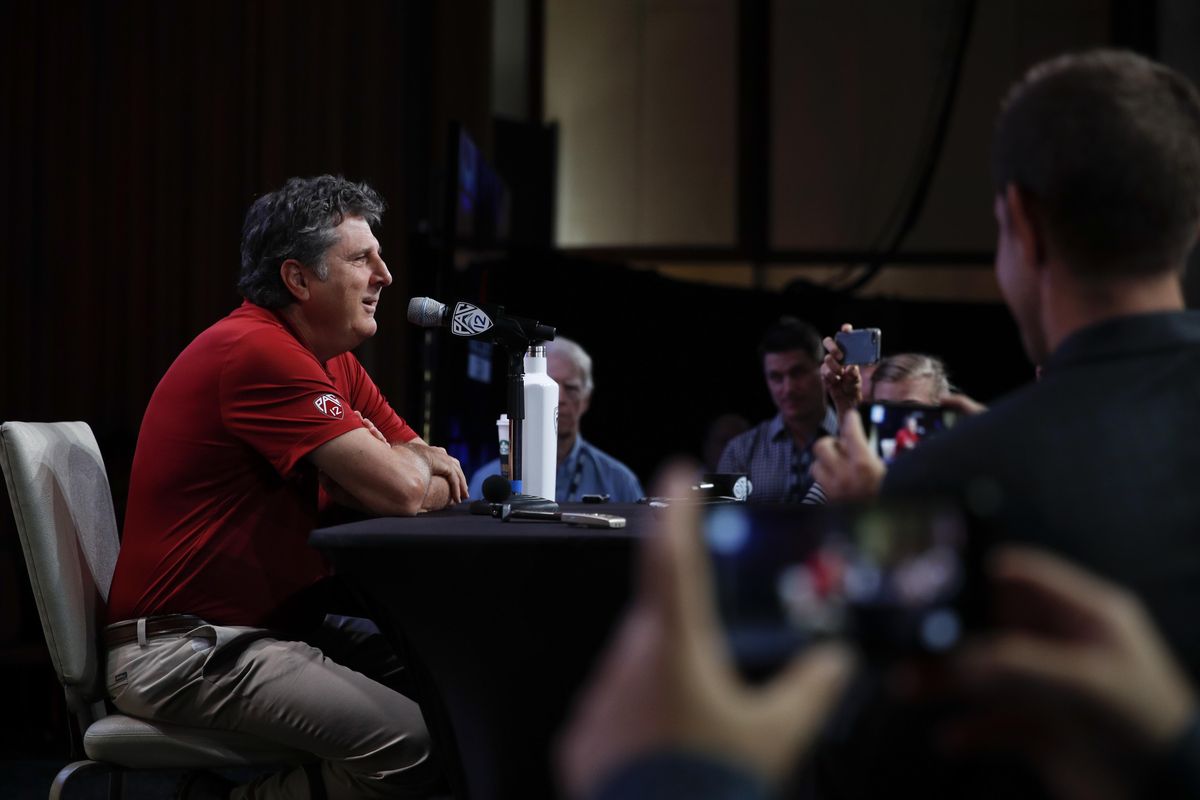 Washington State head coach Mike Leach speaks at the Pac-12 Conference NCAA college football Media Day in Los Angeles, Wednesday, July 25, 2018. (Jae C. Hong / AP)