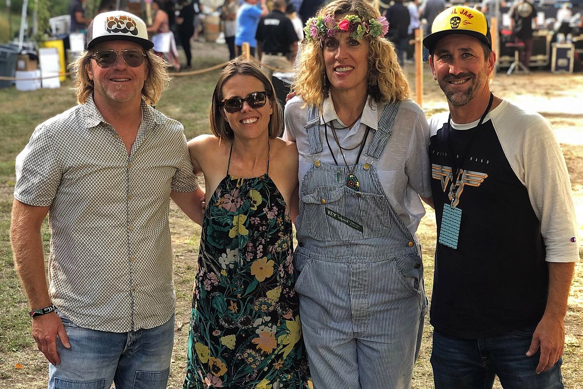 From left, Jeff Bundschu, founder of Huichica in Sonoma, partnered with Ashley Trout of Vital Wines, Cheryl Hanson, owner of the concert site, and Trey Busch of Sleight of Hand Cellars for the Eastern Washington festival.   (Leslie Kelly)