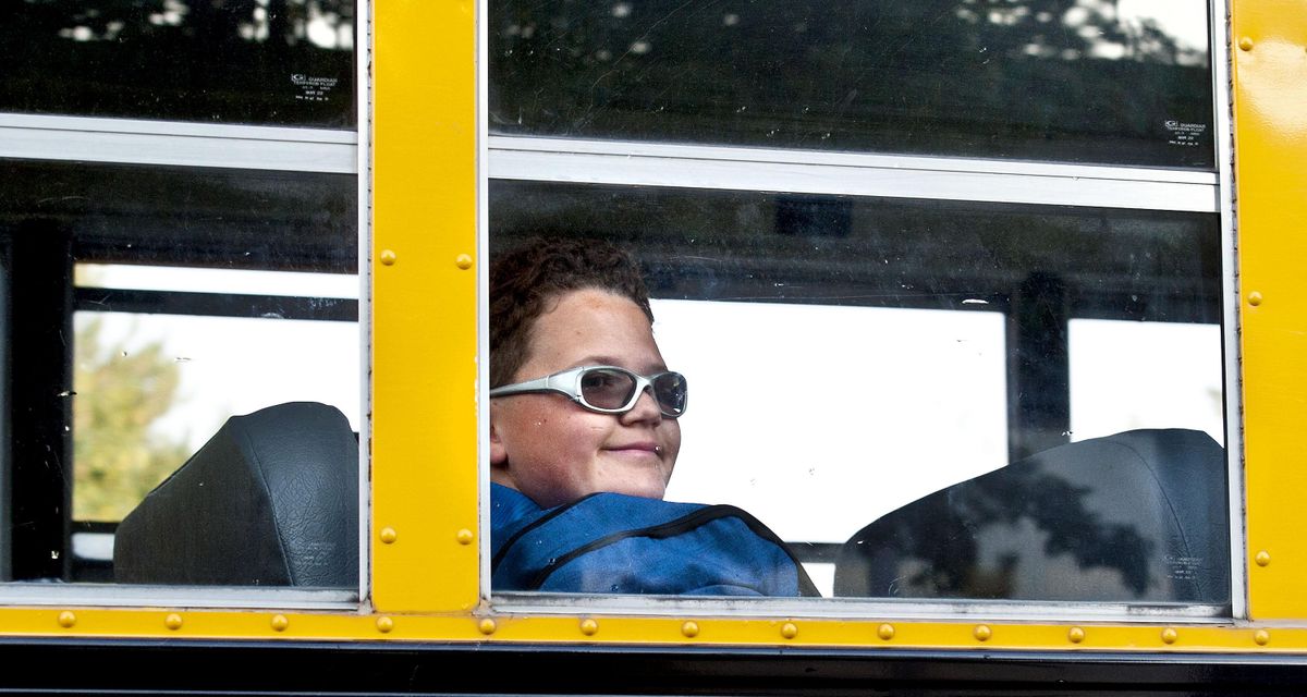 Eighth grader Lance Bennett wears his sun glasses on the first day of classes at East Valley Middle School on Wednesday, August 29, 2018. (Kathy Plonka / The Spokesman-Review)