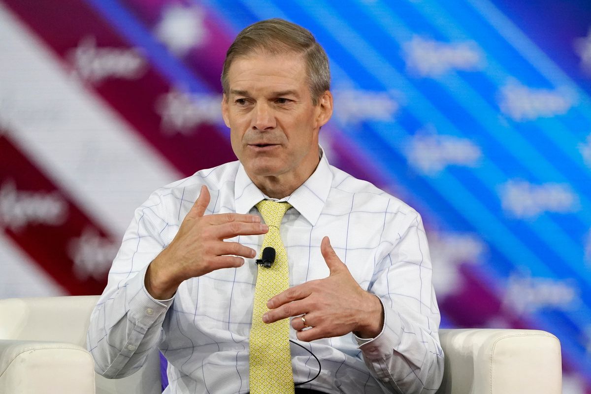 FILE - Rep. Jim Jordan, R-Ohio, takes part in a discussion at the Conservative Political Action Conference (CPAC) Feb. 26, 2022, in Orlando, Fla. Texting with then-White House chief of staff Mark Meadows, a close ally and friend, at nearly midnight on Jan. 5, 2021, Jordan offered a legal rationale for what President Donald Trump was publicly demanding — that Vice President Mike Pence, in his ceremonial role presiding over the electoral count, somehow assert the authority to reject electors from Biden-won states.  (John Raoux)