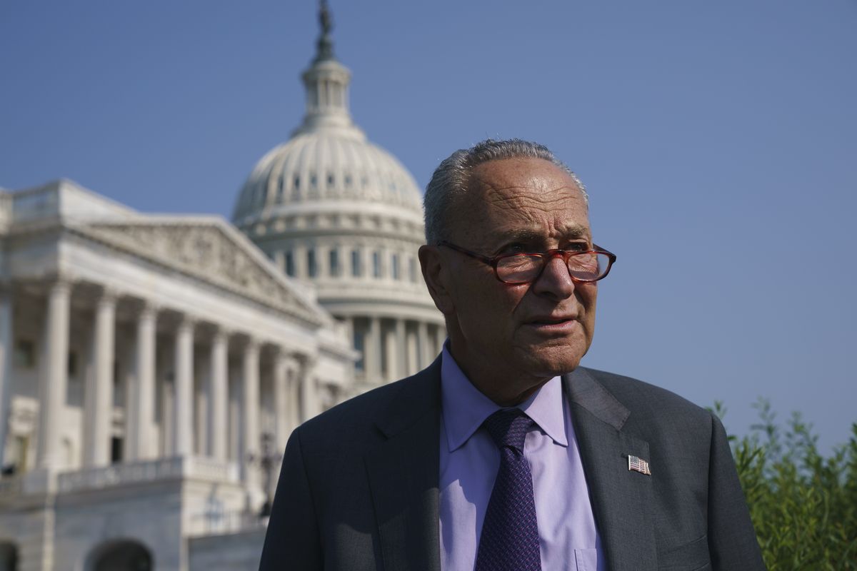 Senate Majority Leader Chuck Schumer, D-N.Y., arrives to meet with Speaker of the House Nancy Pelosi, D-Calif., before an event to promote investments in clean jobs, at the Capitol in Washington, Wednesday, July 28, 2021.  (J. Scott Applewhite)