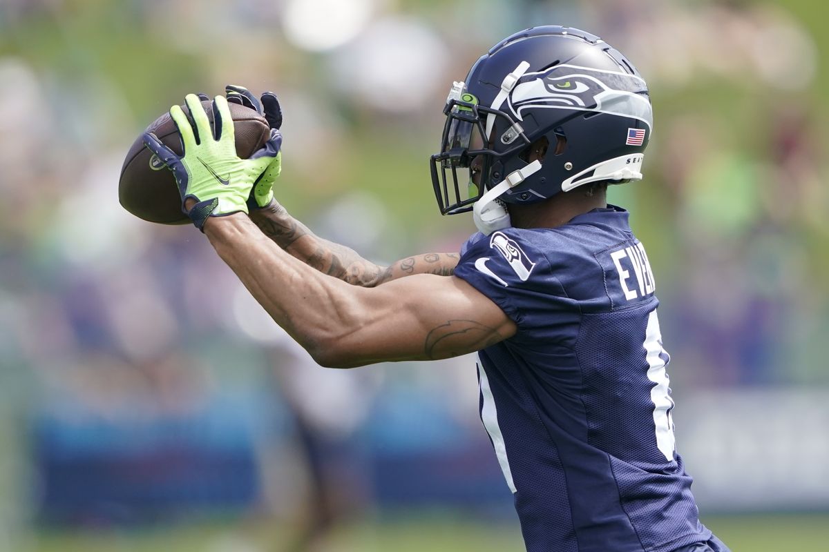 Seattle Seahawks tight end Gerald Everett makes a catch during NFL football practice Wednesday, July 28, 2021, in Renton, Wash.  (Associated Press)