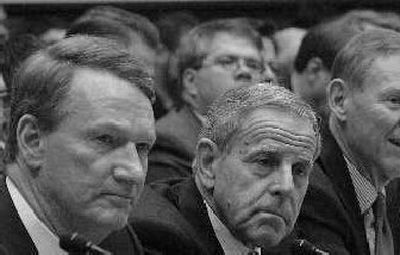 
Auto executives, from left, GM Corp. CEO Rick Wagoner, Toyota North America President and COO Jim Press, Ford President CEO Alan Mulally, and Chrysler Group CEO Thomas W. LaSorda, listen to remarks. 
 (Associated Press / The Spokesman-Review)