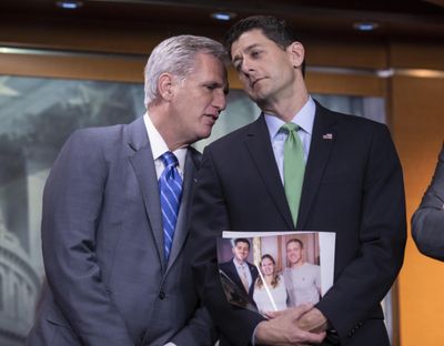House Majority Leader Kevin McCarthy, R-Calif., and Speaker of the House Paul Ryan, R-Wis., confer during a news conference following a closed-door GOP meeting on immigration, on Capitol Hill in Washington, Wednesday, June 13, 2018. (J. Scott Applewhite / Associated Press)