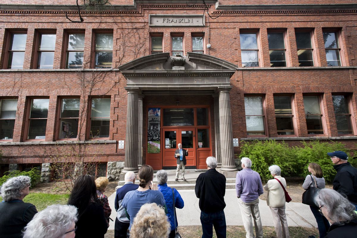 Brian Shute gives a walking tour of Franklin Elementary School, Friday, April 29, 2017. The school is closing at the end of the school year for extensive reconstruction and renovations.  Shute, the school’s speech-language pathologist, has been giving tours to people, including former students, interested in the 107-year-old school’s colorful history. (Colin Mulvany / The Spokesman-Review)