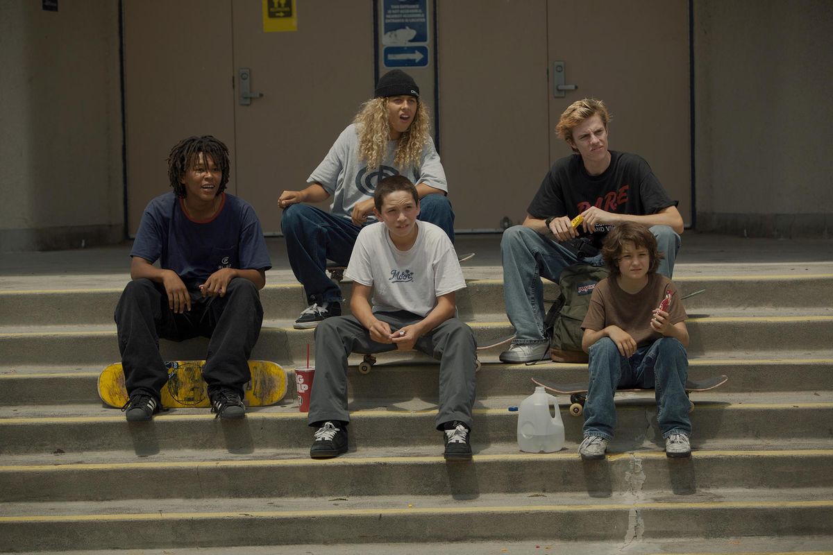 Clockwise from lower right: Sunny Suljic, Gio Galicia, Na-Kel Smith, Olan Prenatt and Ryder McLaughlin in “Mid90s.” (Tobin Yelland / A24)