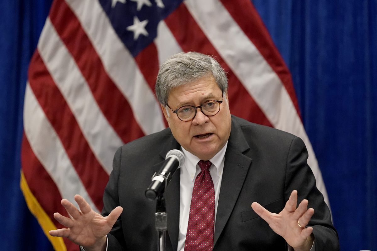 FILE - In this Oct. 15, 2020, file photo, Attorney General William Barr speaks during a roundtable discussion on Operation Legend in St. Louis. Barr has announced he is resigning.  (Jeff Roberson)