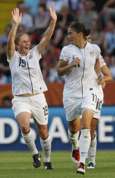 Rachel Buehler celebrates her goal, the Americans’ second. (Associated Press)