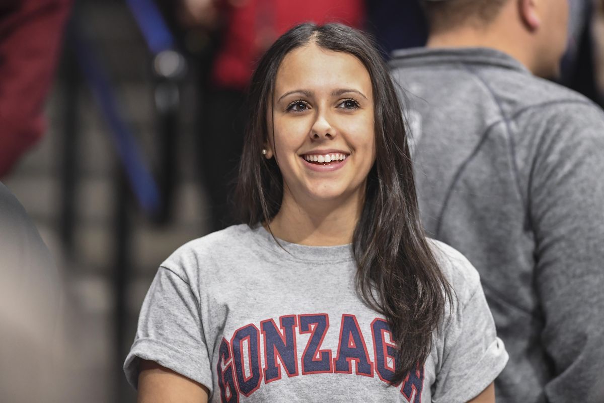 Jade Wade, wife of Gonzaga guard Jesse Wade cheers on the Zags against Ohio State, Saturday, March, 17, 2018, at Taco Bell Arena in Boise. (Dan Pelle / The Spokesman-Review)