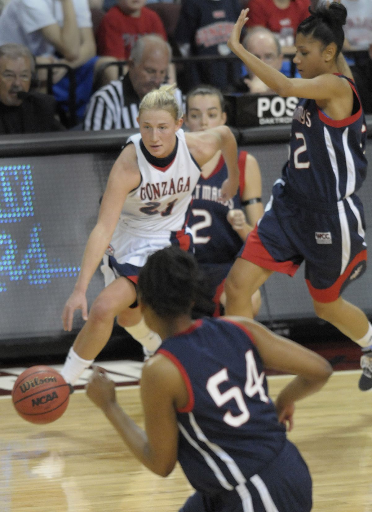 Courtney Vandersloot of Gonzaga evades the Saint Marys double team and beats the press during first half action at the womens WCC Championship game in Las Vegas on Monday, March 7, 2011. (Christopher Anderson / The Spokesman-Review)