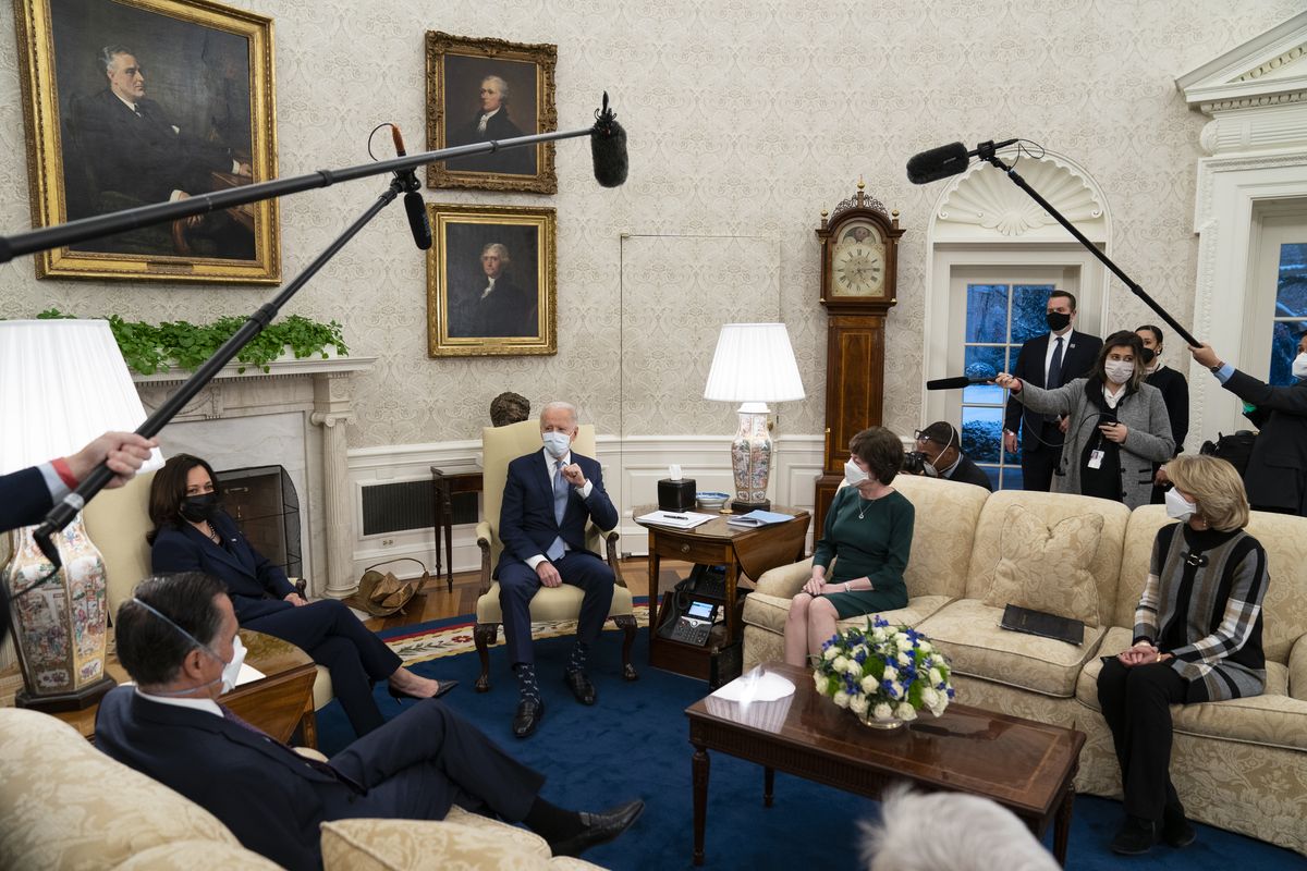 President Joe Biden and Vice President Kamala Harris meet with Republican lawmakers to discuss a coronavirus relief package, in the Oval Office of the White House, Monday, Feb. 1, 2021, in Washington. From left, Sen. Mitt Romney, R-Utah, Vice President Kamala Harris, Biden, Sen. Susan Collins, R-Maine, and Sen. Lisa Murkowski, R-Alaska.  (Evan Vucci)