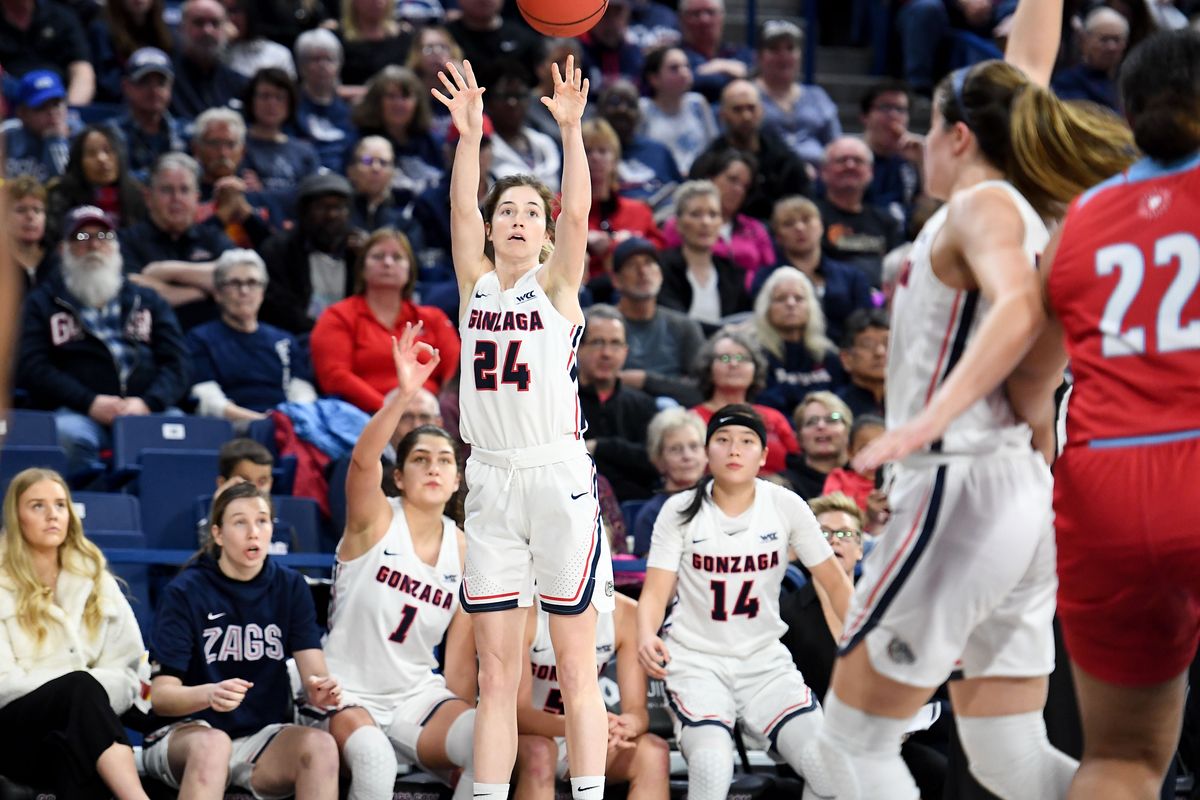 Gonzaga Bulldogs guard Katie Campbell (24) shoots against the Loyola Marymount Lions during the second half of a women’s college basketball game on January 25, 2020, at McCarthey Athletic Center.  ( Tyler Tjomsland/The Spokesman-Review)