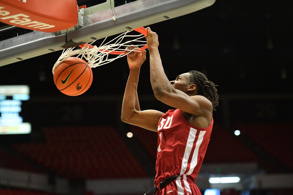 Washington State’s Efe Abogidi, who scored nine points, dunks during Tuesday’s nonconference win over Alcorn State.  (Dean Hare/WSU Photo Services)