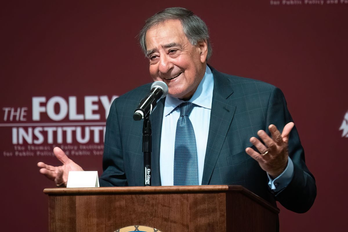After accepting the 2025 Foley Distinguished Public Service Award from the Foley Institute, former U.S. Secretary of Defense Leon Panetta speaks about the “challenges of leadership in our times,” on Thursday at Gonzaga University. (COLIN MULVANY/THE SPOKESMAN-REVIEW)
