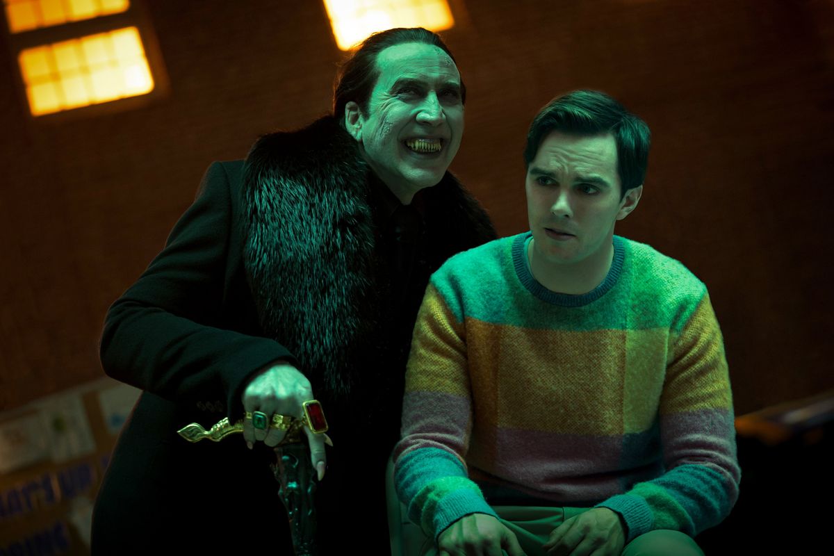 Nicolas Cage and Nicholas Hoult in “Renfield,” directed by Chris McKay.  (Universal Pictures)