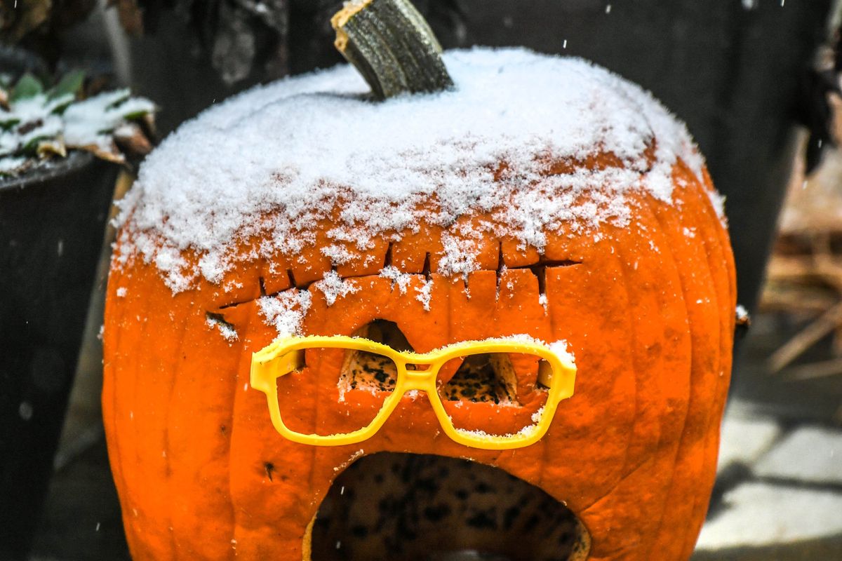Old Mr. Jack-o-Lantern got a dusting of snow Thursday afternoon while sitting in a front yard on the 2300 block of South Park Drive in Spokane.  (DAN PELLE/THE SPOKESMAN-REVIEW)