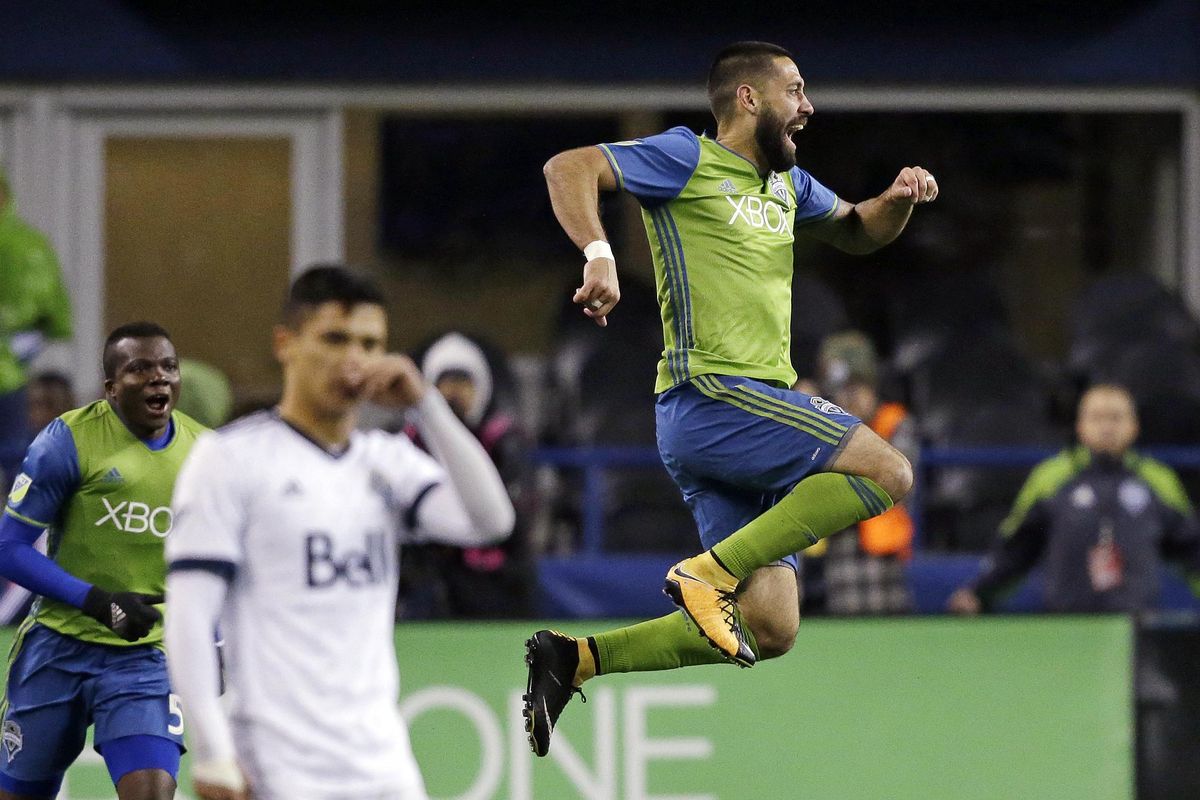 Seattle Sounders’ Clint Dempsey leaps after scoring the first of his two goals against the Vancouver Whitecaps, during the second half of the second leg of an MLS soccer Western Conference semifinal. Thursday, Nov. 2, 2017, in Seattle. The Sounders won 2-0. (Elaine Thompson / Associated Press)