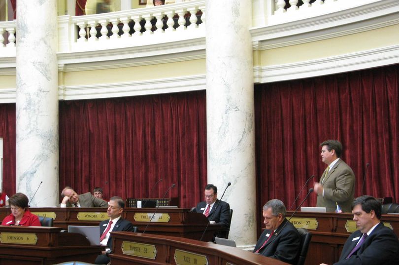 Sen. Dean Cameron, R-Rupert, debates in favor of the state insurance exchange bill in the Senate on Thursday (Betsy Russell)