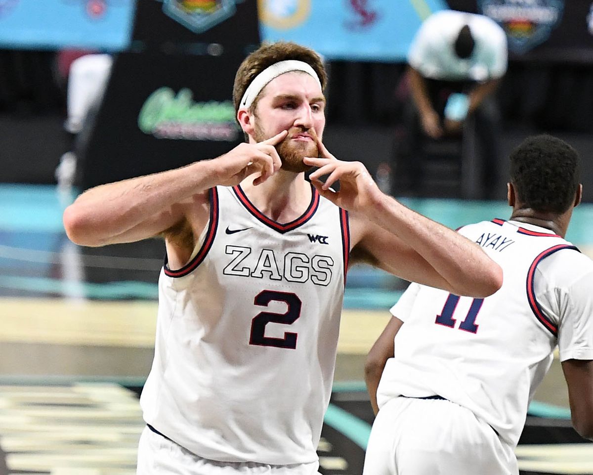 Gonzaga forward Drew Timme, who averaged 19 points and seven rebounds per game last season, has been working on his perimeter game, which may give opponents fits when he’s working in next year’s lineup with incoming freshman Chet Holmgren.  (COLIN MULVANY/THE SPOKESMAN-REVIEW)