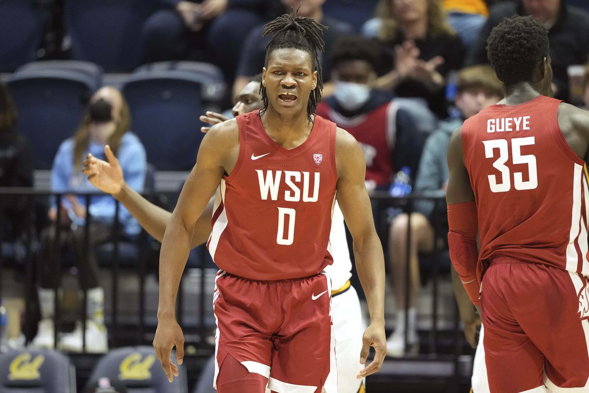 Washington State forward Efe Abogidi reacts after scoring a basket through a foul during the first half of a Pac-12 game against Cal in Berkeley, California, on Saturday.  (Associated Press)