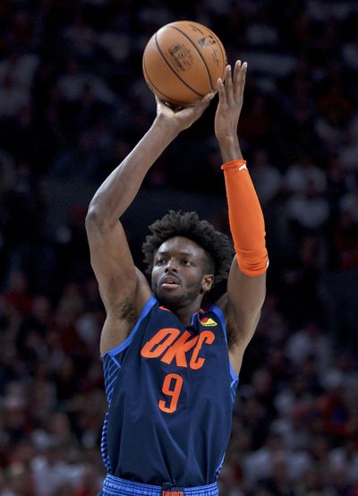 In this April 23, 2019 photo, Oklahoma City Thunder forward Jerami Grant shoots against the Portland Trail Blazers during the first half of Game 5 of an NBA basketball first-round playoff series, in Portland, Ore. Two people familiar with the situation say the Oklahoma City Thunder have traded forward Jerami Grant to the Denver Nuggets for a 2020 first-round draft pick. The people spoke to The Associated Press on condition of anonymity Monday, July 8, 2019, because the trade hasn’t been approved by league officials. (Craig Mitchelldyer / Associated Press)